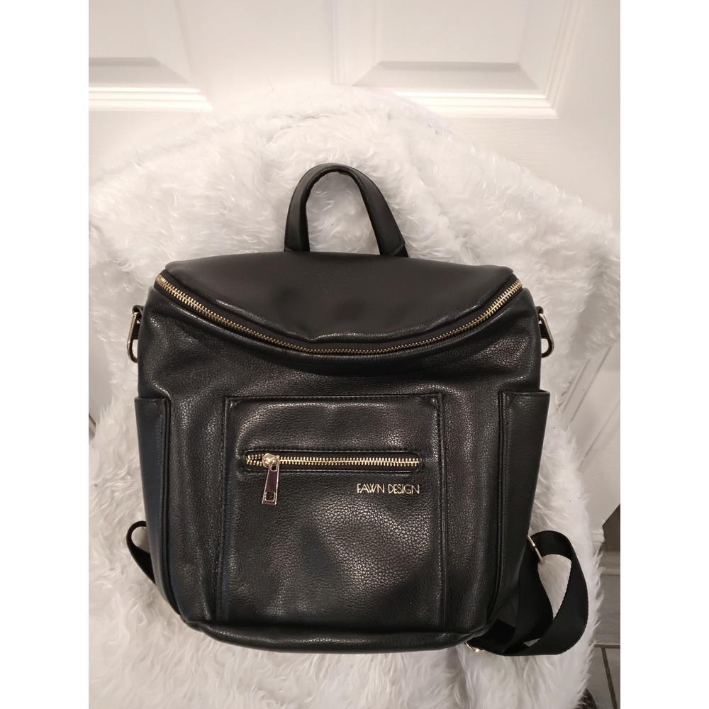 Fawn Design Diaper Bag Backpack Black Faux Leather Gold Hardware Convertible